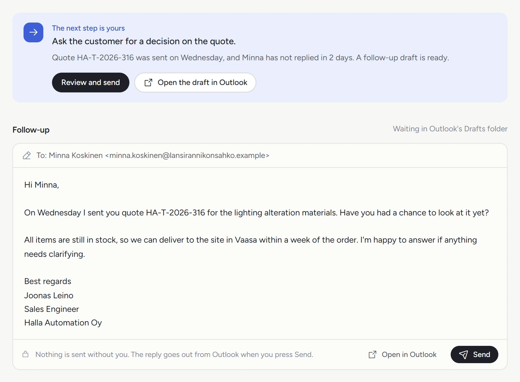 A follow-up draft on a quote the customer has not answered