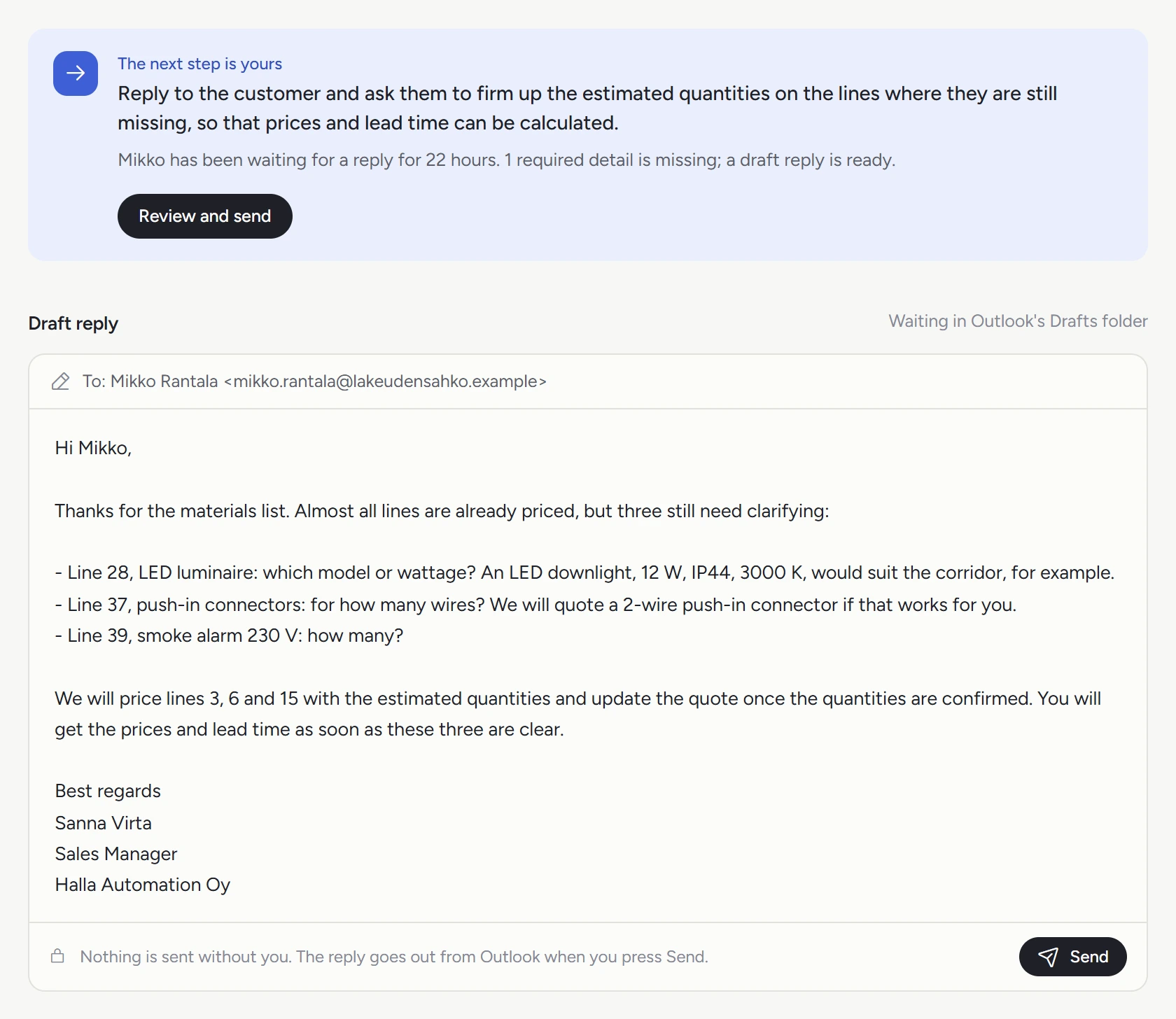 A draft reply asking the customer for the missing details