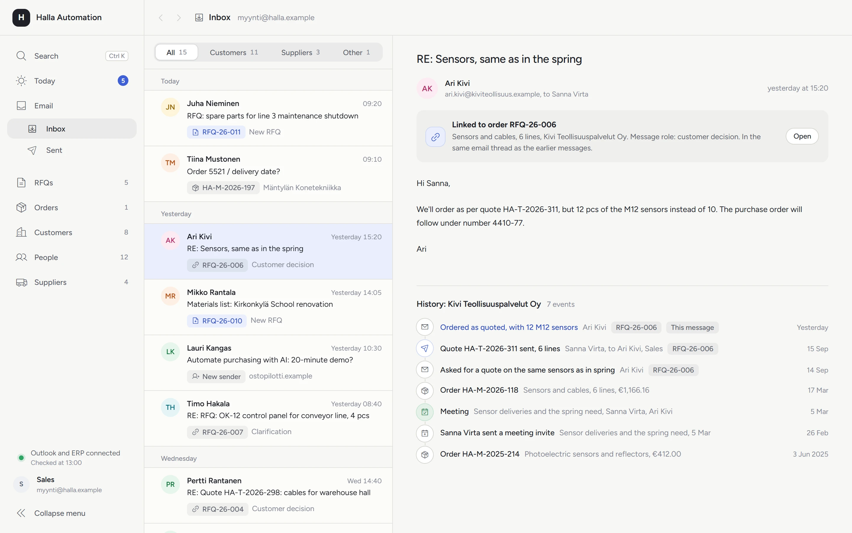 Email: every message tagged with its request or order, and the customer's history under the open message