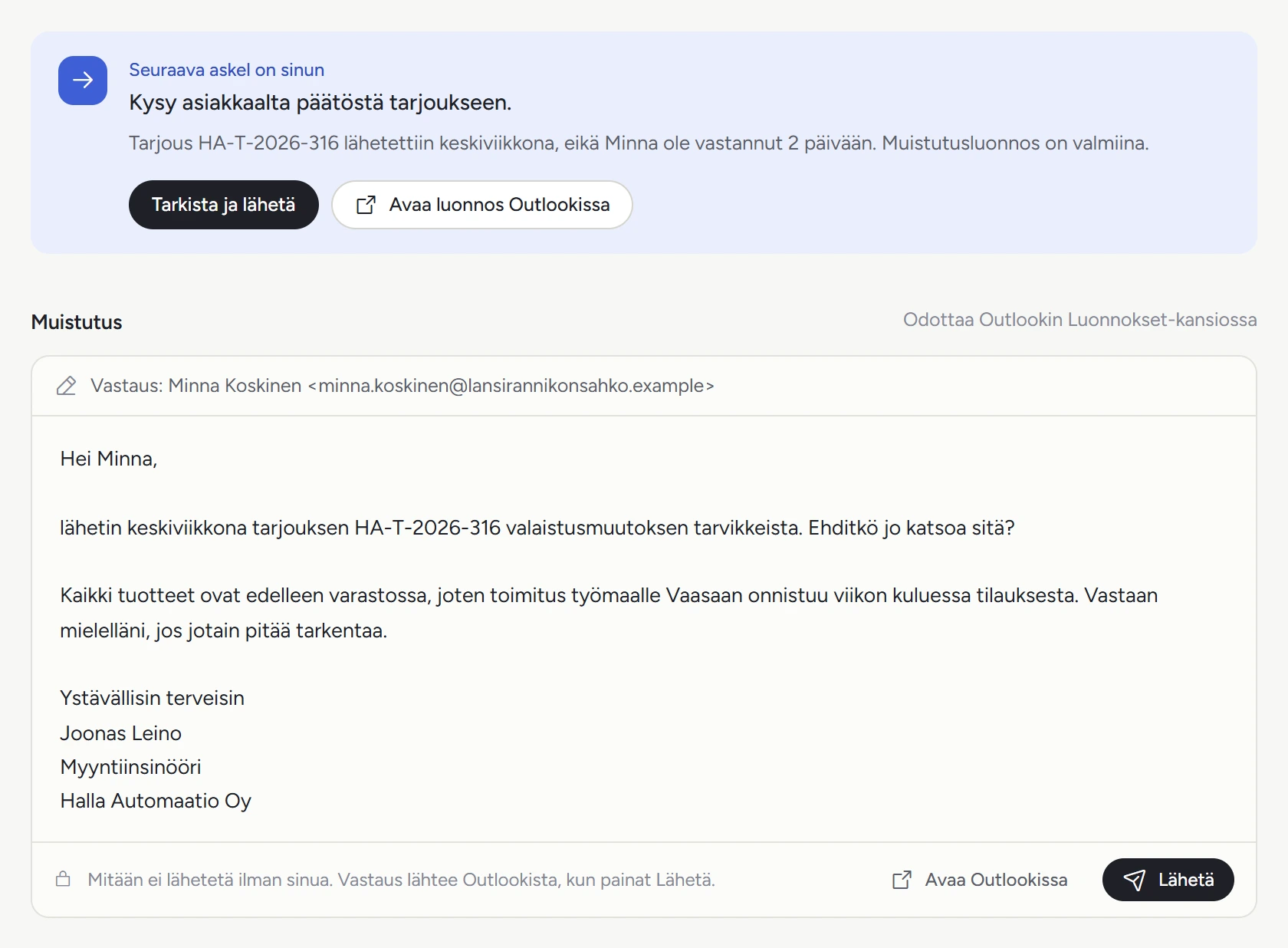 Muistutusluonnos tarjouksesta, johon asiakas ei ole vastannut