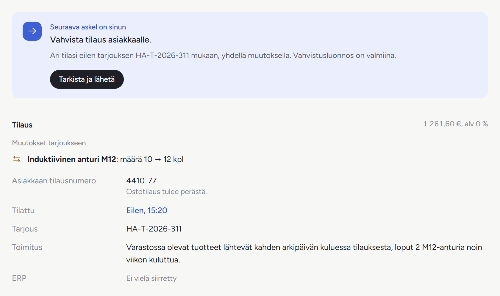 Tilaus ja sen muutos tarjoukseen